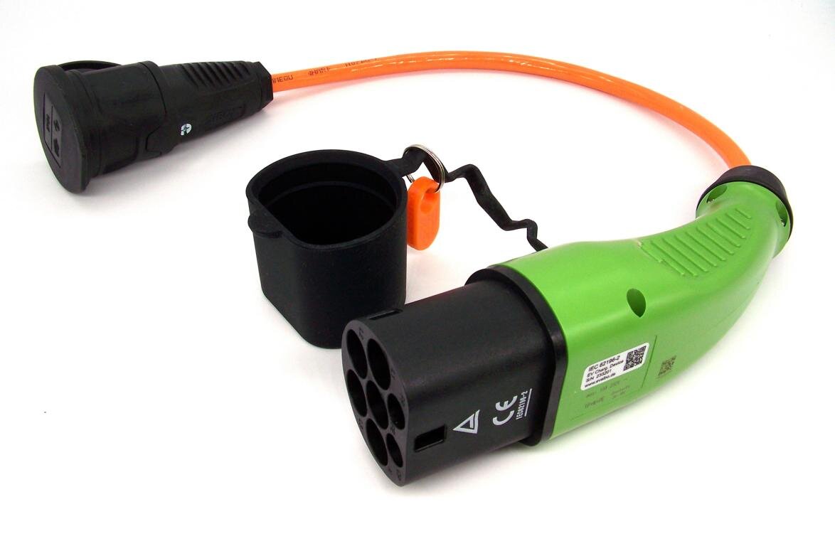 Ladekabel mit Typ 2 Stecker auf Schuko Kupplung, 16A, grün/orange, 13
